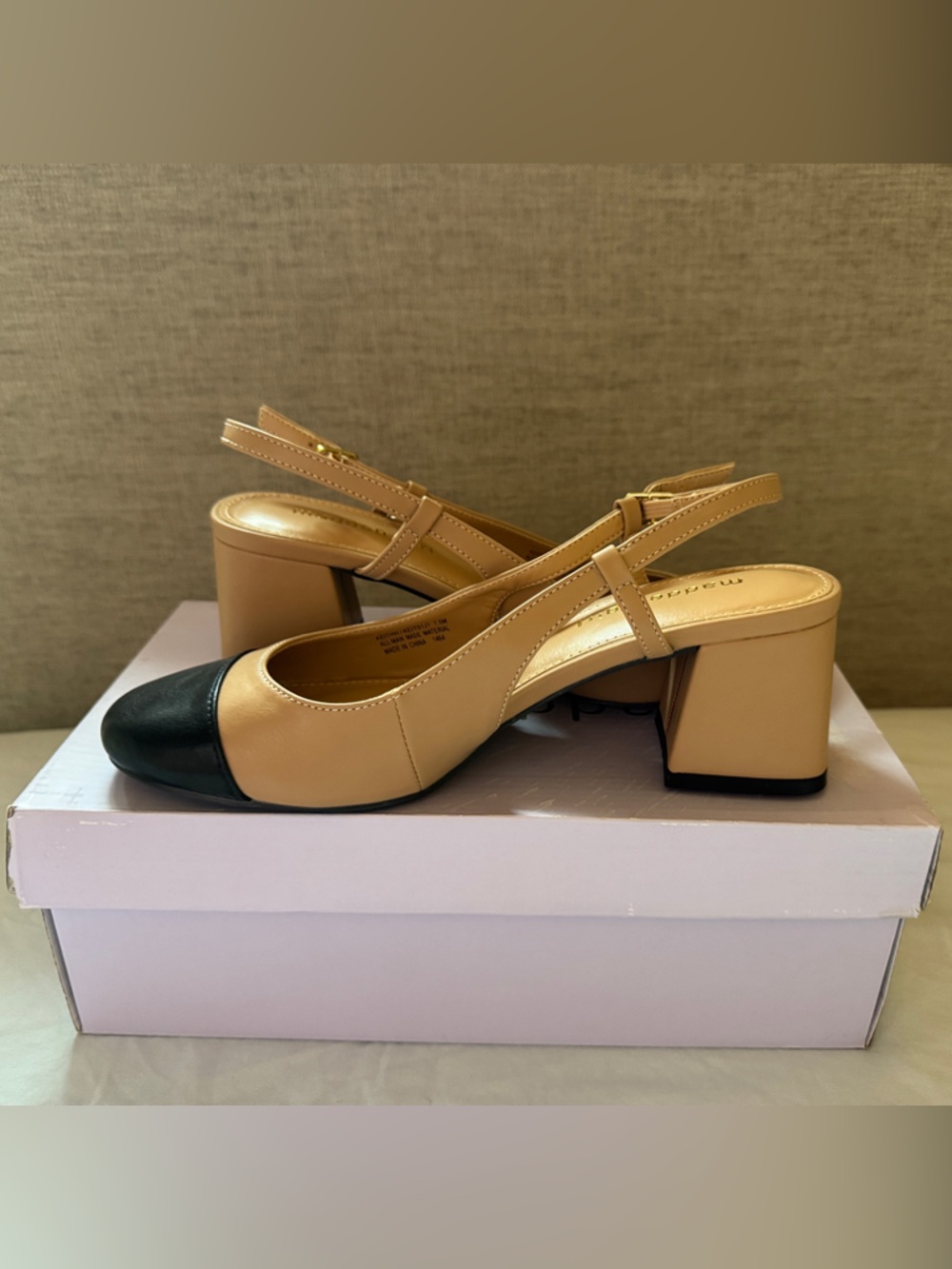 Madden Girl Beige and Black Slingback Block Heels